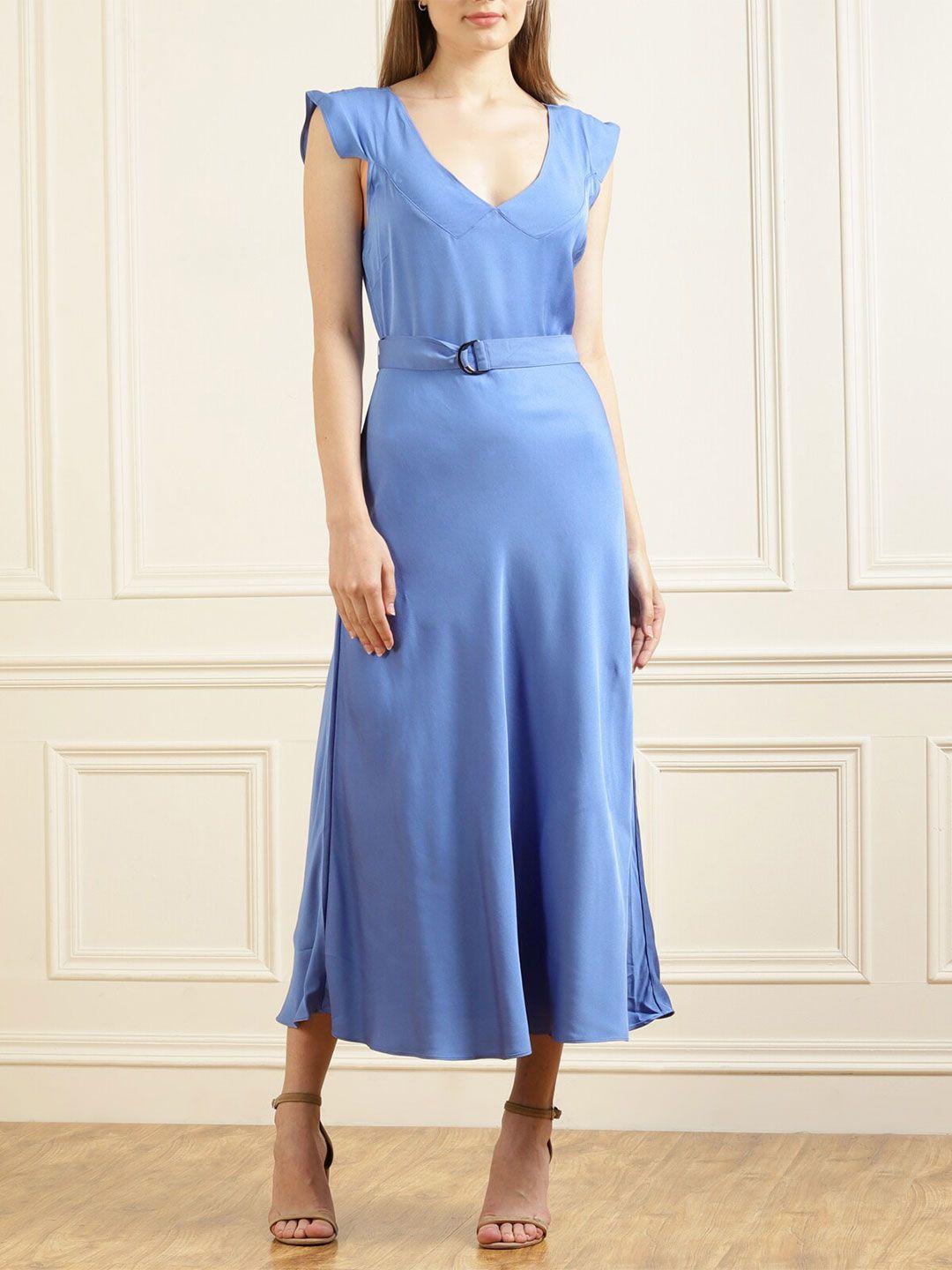 ted baker blue solid cap sleeves a-line midi dress