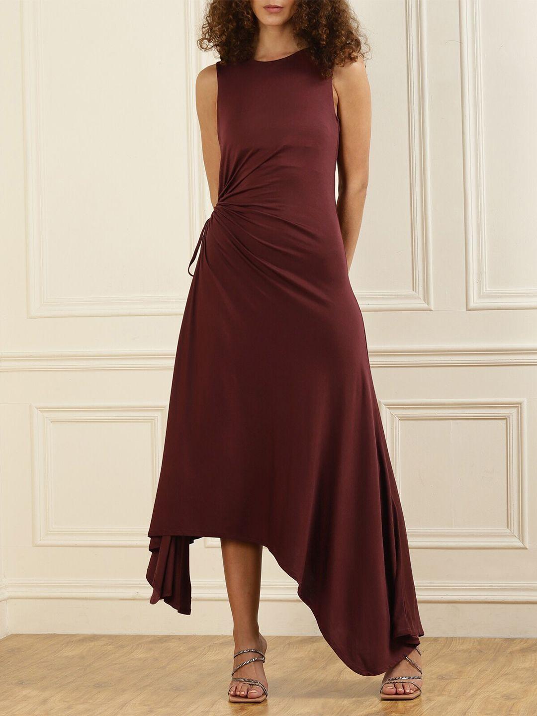 ted baker brown solid ruched asymmetric midi dress