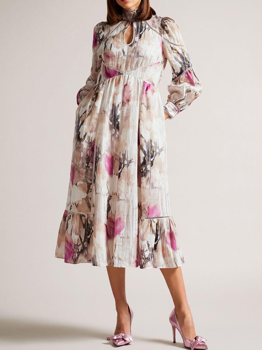 ted baker cream-coloured floral print tie-up neck maxi dress