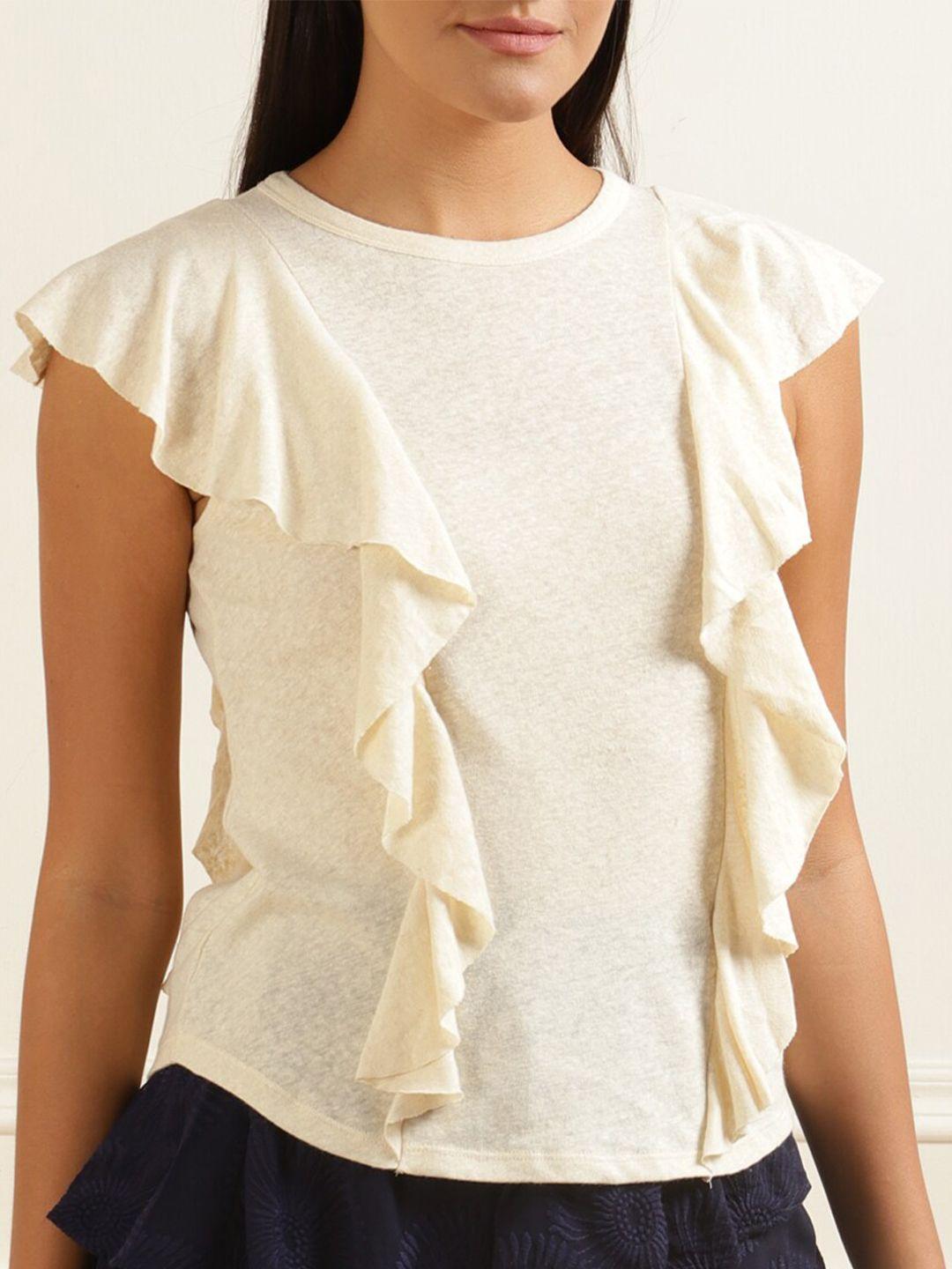 ted baker cream-coloured solid ruffled pure cotton top