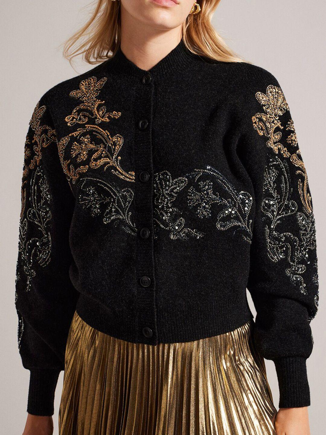 ted baker embroidered round neck long sleeves embellished cardigan sweaters