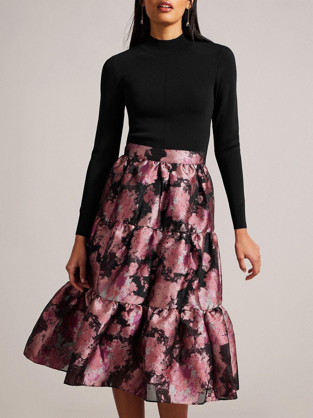 ted baker floral printed gathered tiered fit & flare midi dress