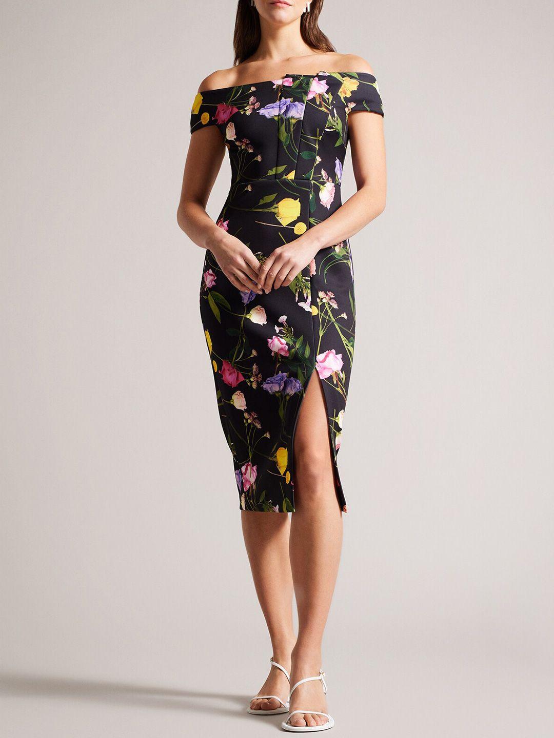ted baker floral printed off-shoulder bodycon midi dress