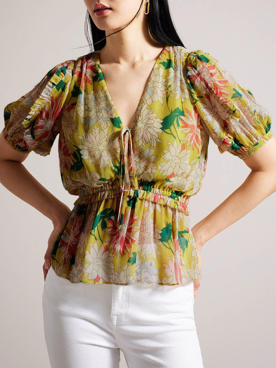 ted baker floral printed puff sleeve cinched waist top