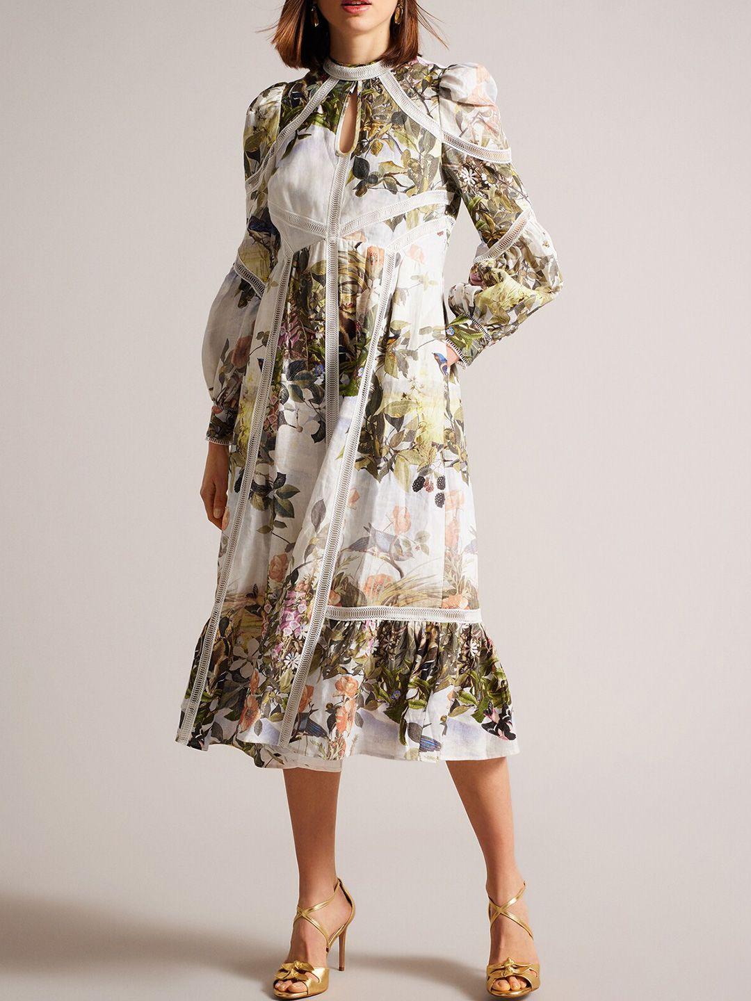 ted baker floral printed puff sleeve linen a-line midi dress