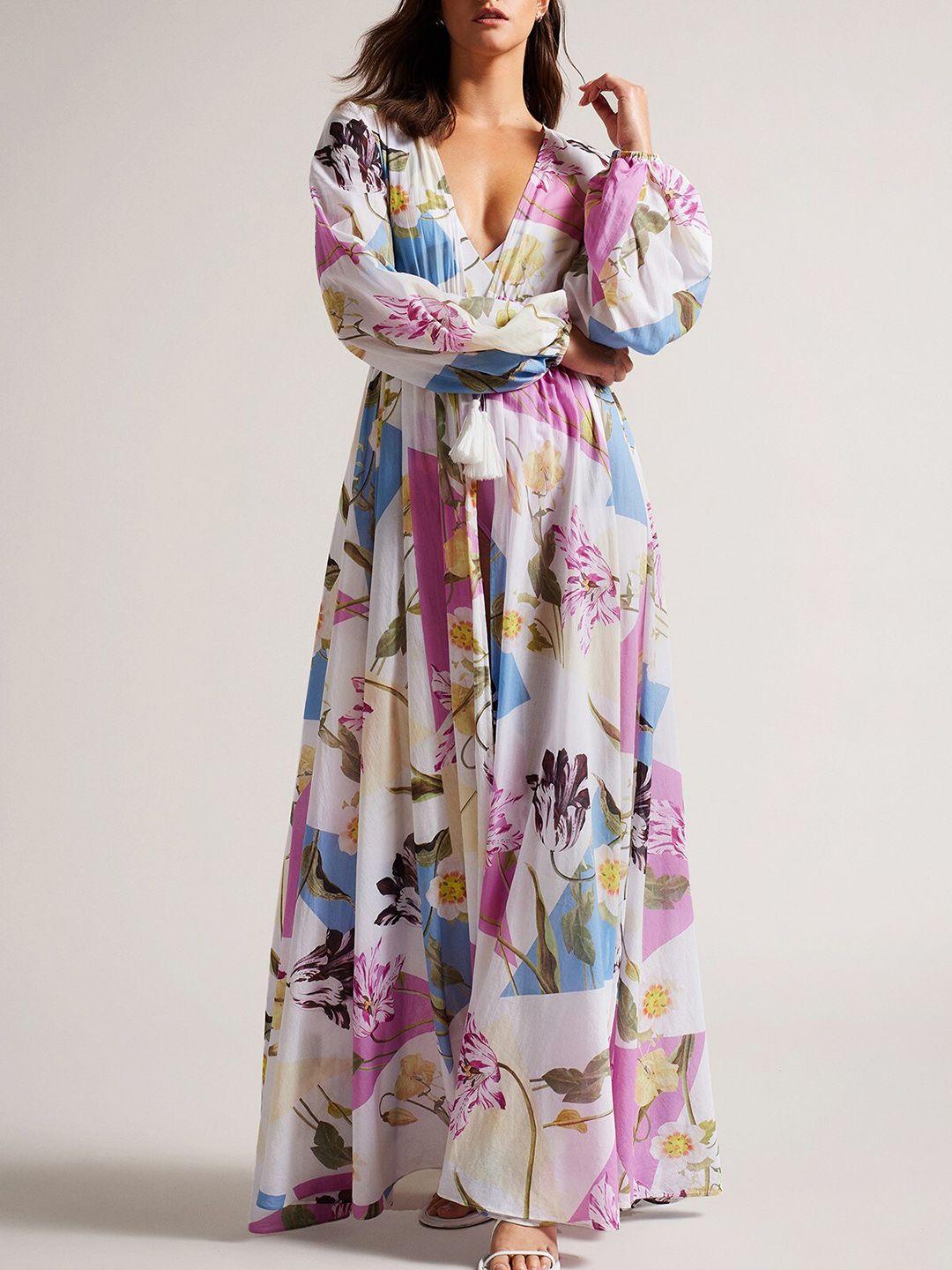 ted baker floral printed puff sleeves cotton maxi cover-up dress