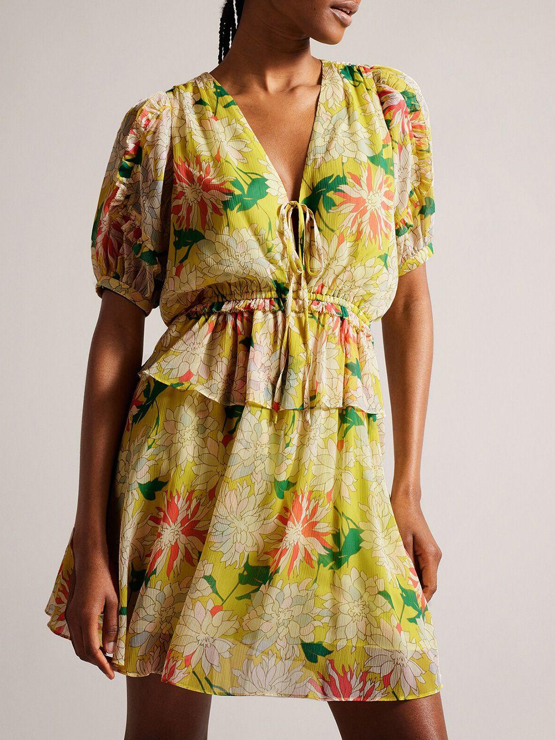 ted baker floral printed puff sleeves ruffled a-line mini dress