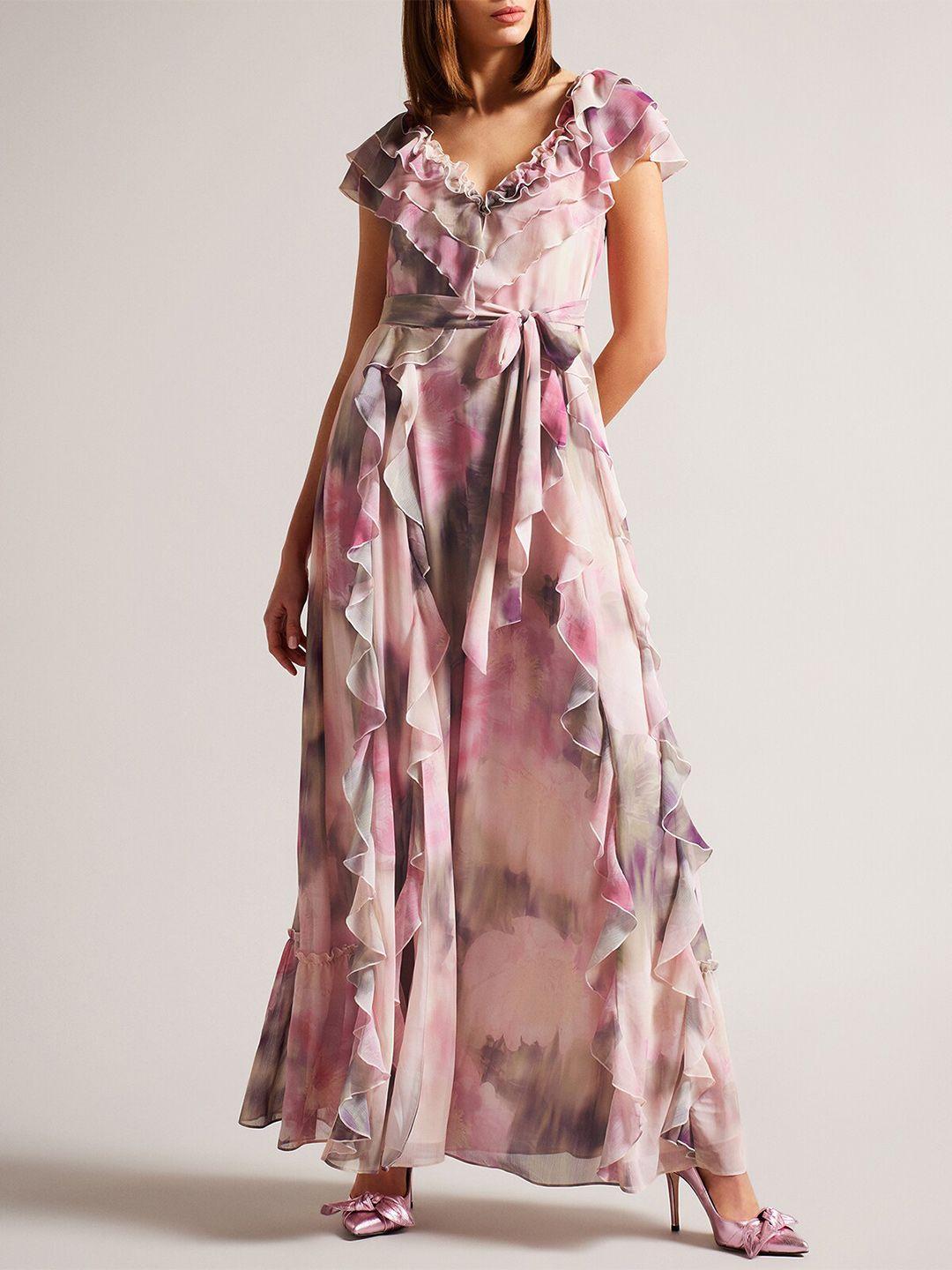 ted baker floral printed ruffled belted v-neck cotton maxi dress