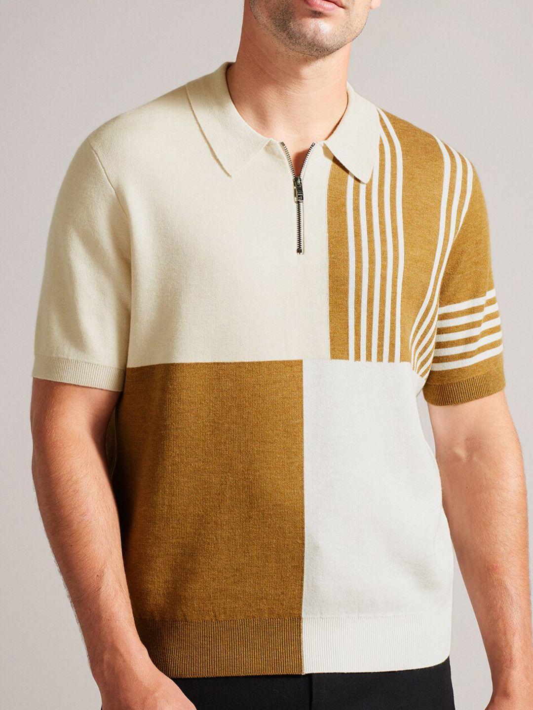 ted baker men beige striped polo collar slim fit t-shirt