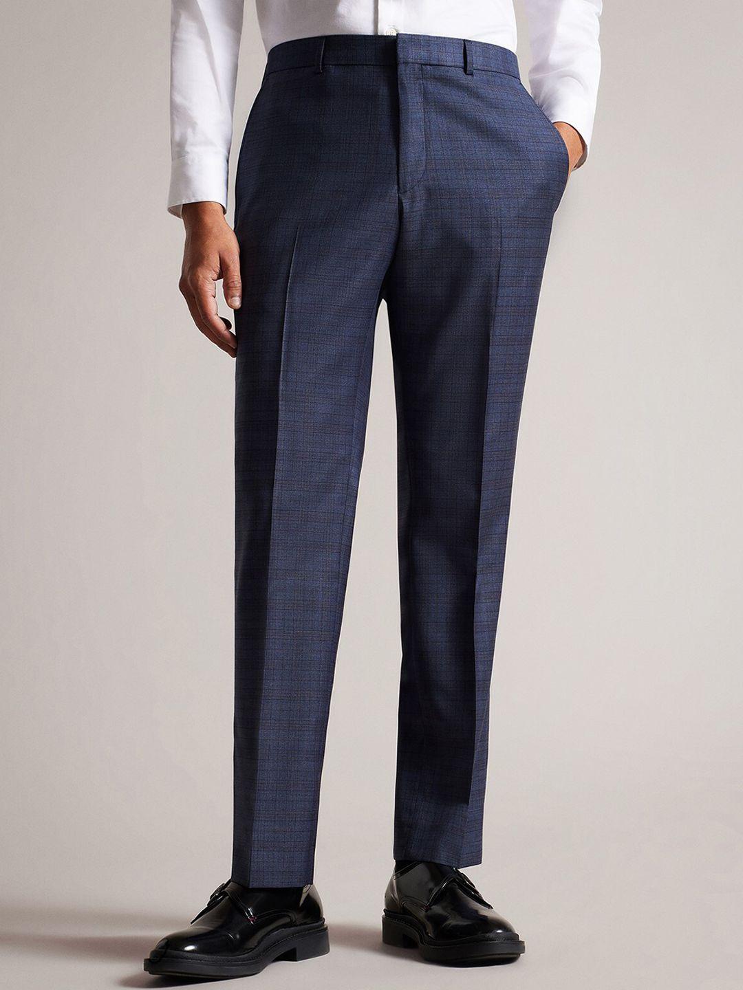 ted baker men mid-rise checked plain wool formal trousers