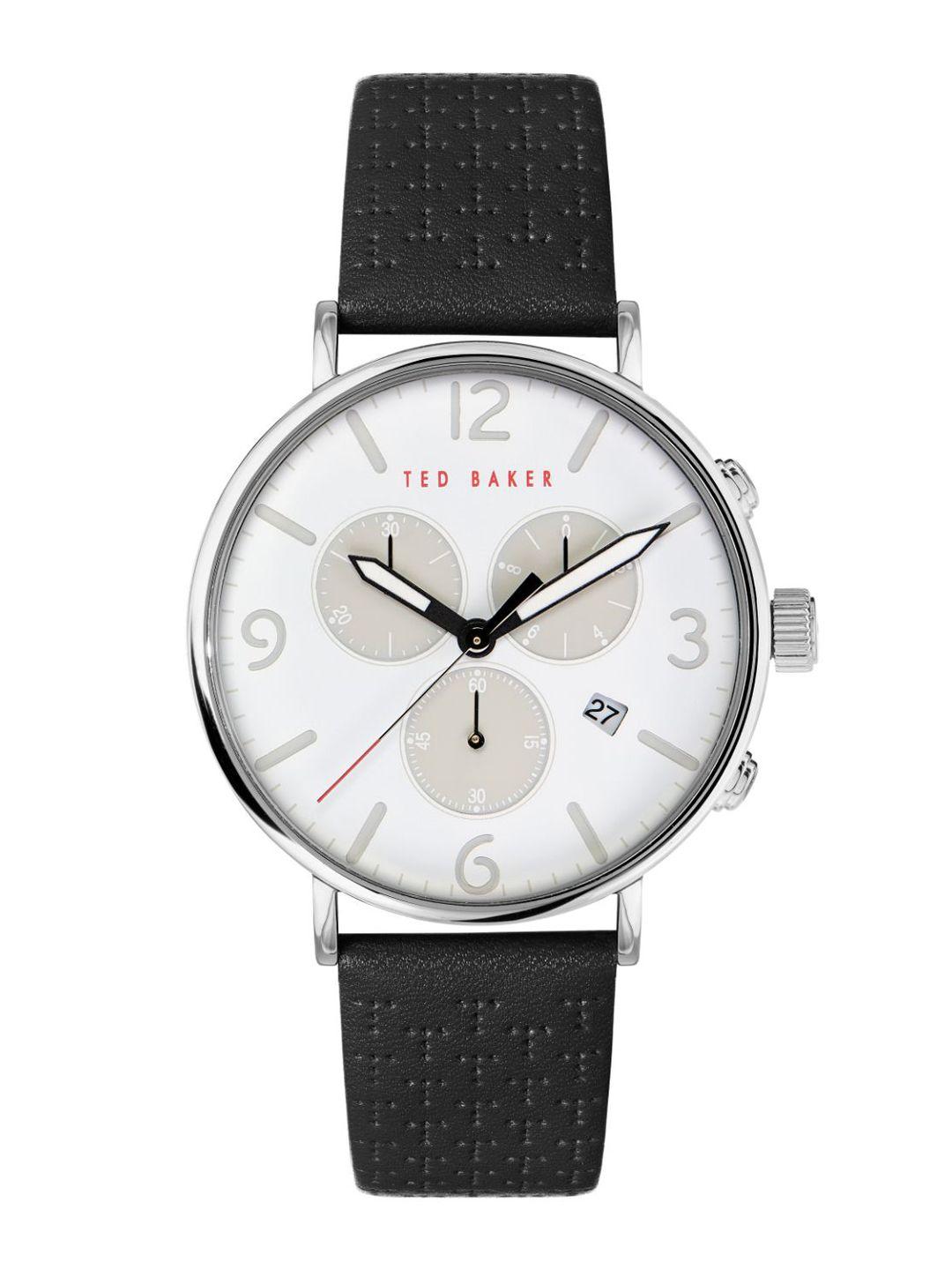 ted baker men white brass dial & black leather straps analogue watch bkpbas203-white