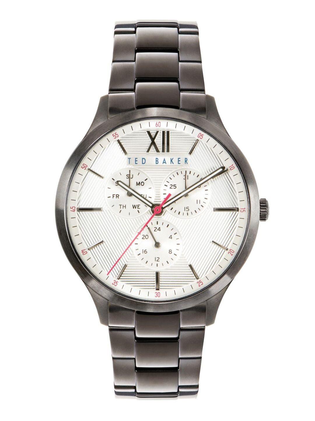 ted baker men white dial & grey stainless steel bracelet style straps analogue watch