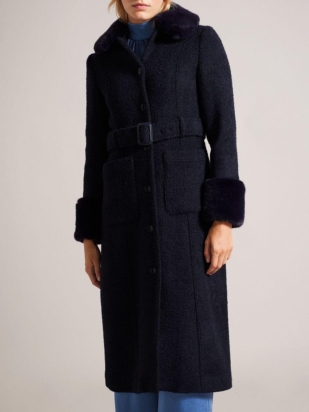 ted baker self design long sleeves fur belted longline overcoat