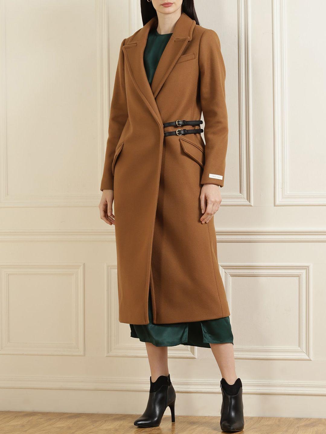 ted baker women beige solid long coat with detachable waist straps