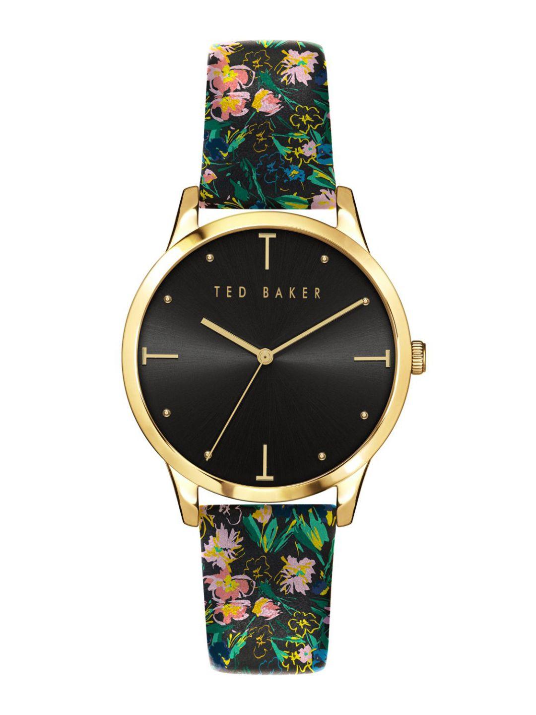 ted baker women black embellished floral dial & black leather straps analogue watch