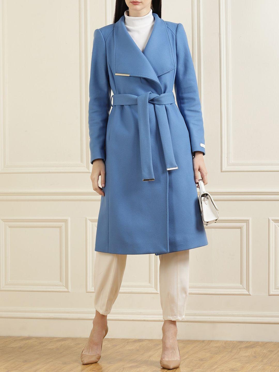 ted baker women blue solid wrap-on over coat with belt