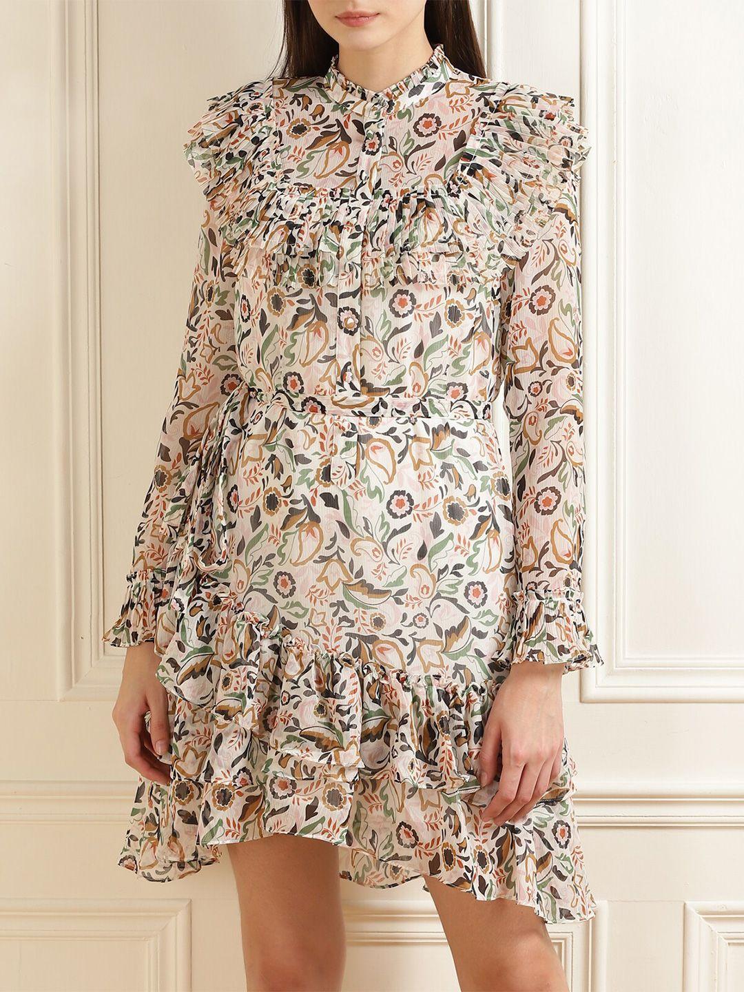 ted baker women cream-colored & green floral printed a-line tiered dress