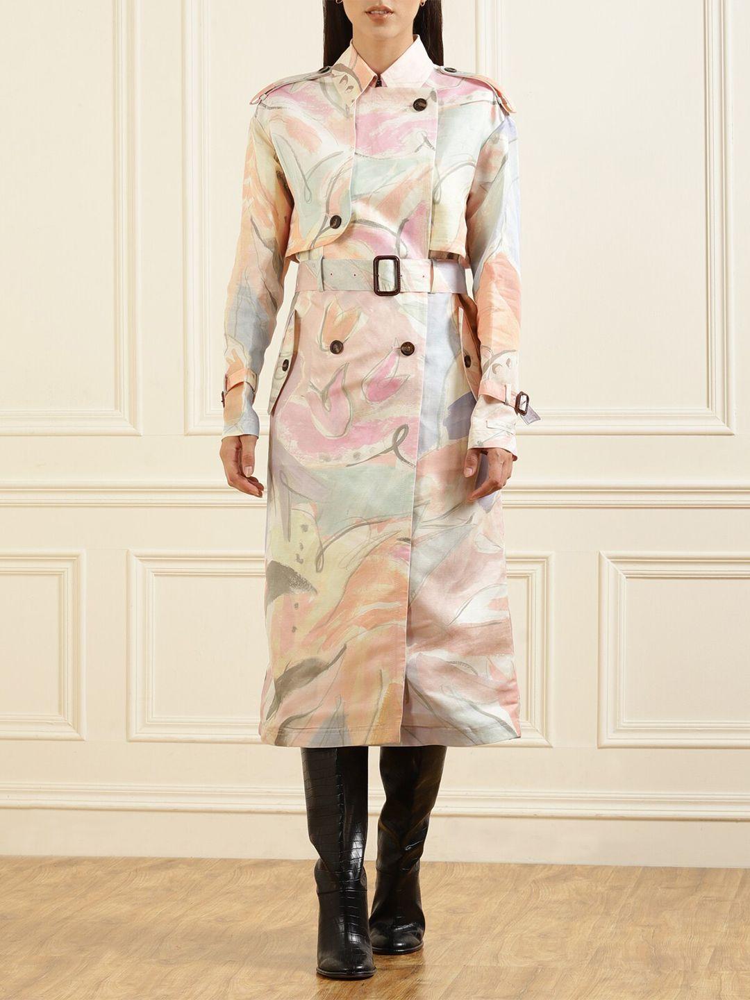 ted baker women cream-coloured & pink printed trench coat
