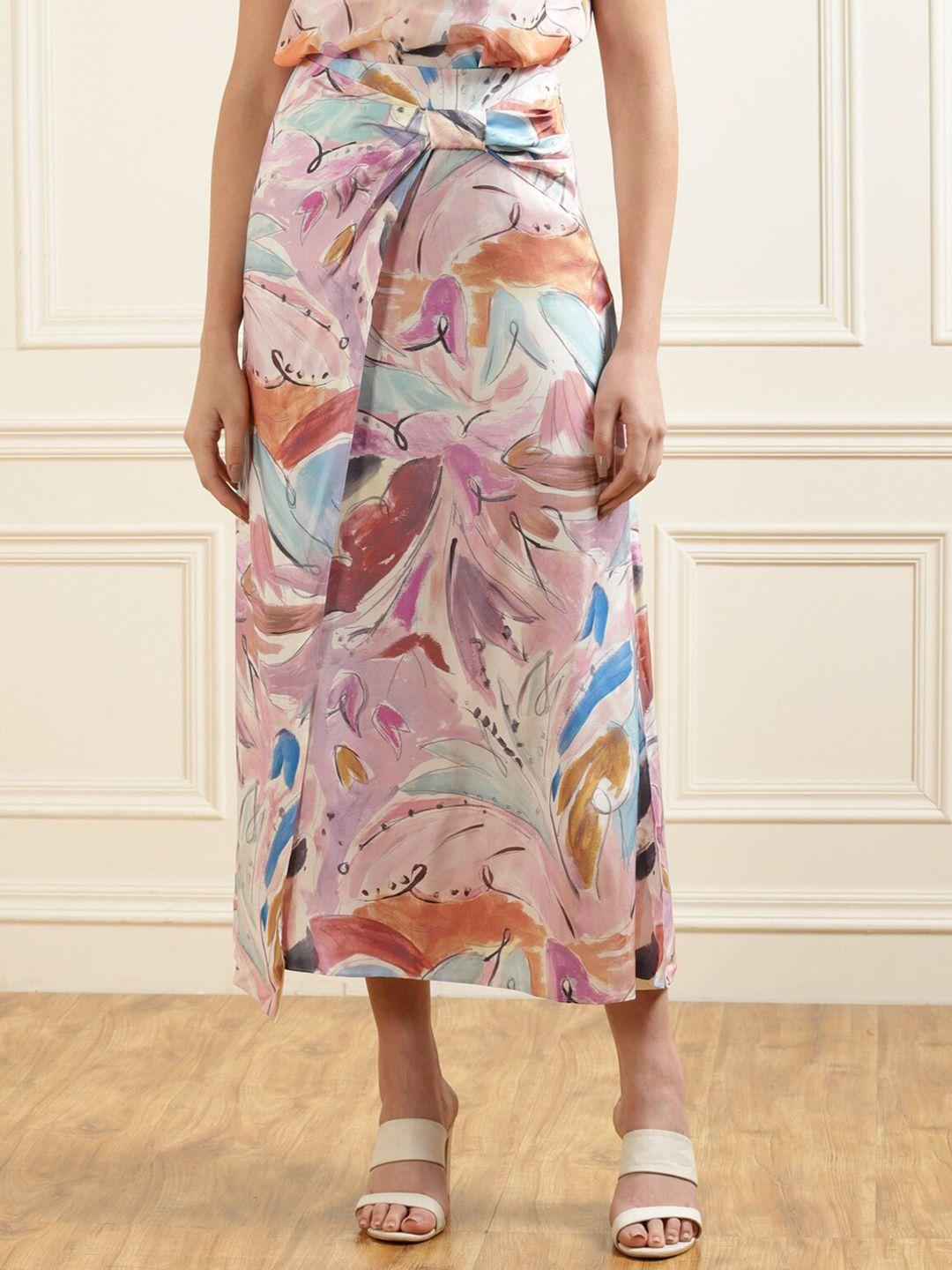 ted baker women cream-coloured pink & purple printed midi skirts