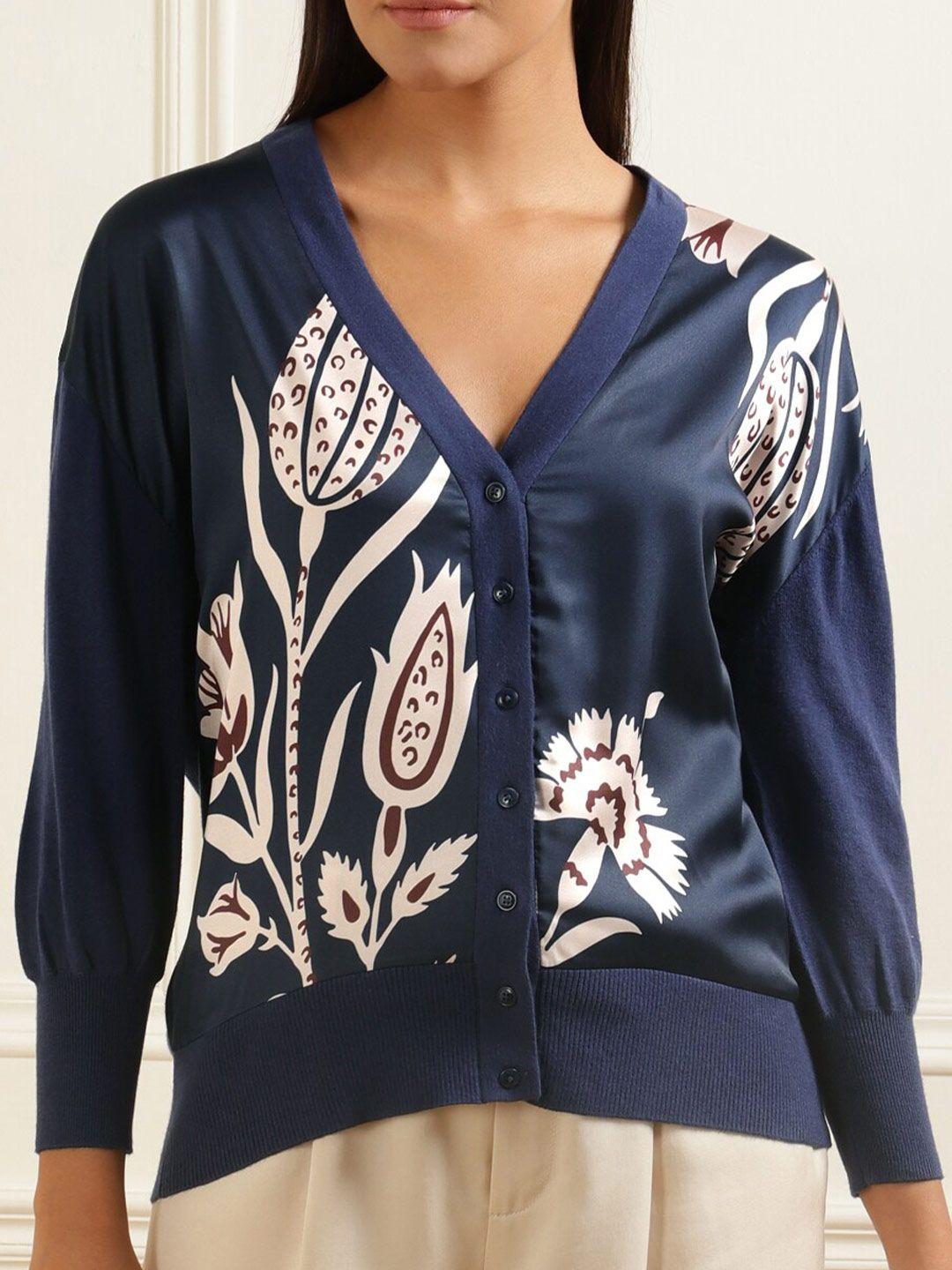 ted baker women navy blue & cream-coloured floral printed cardigan