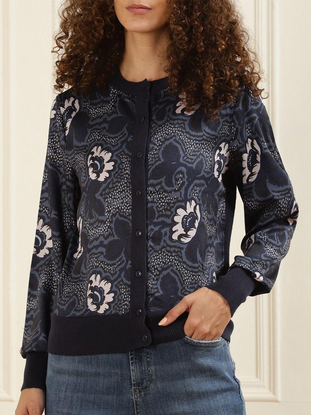ted baker women navy blue & off white floral printed cardigan