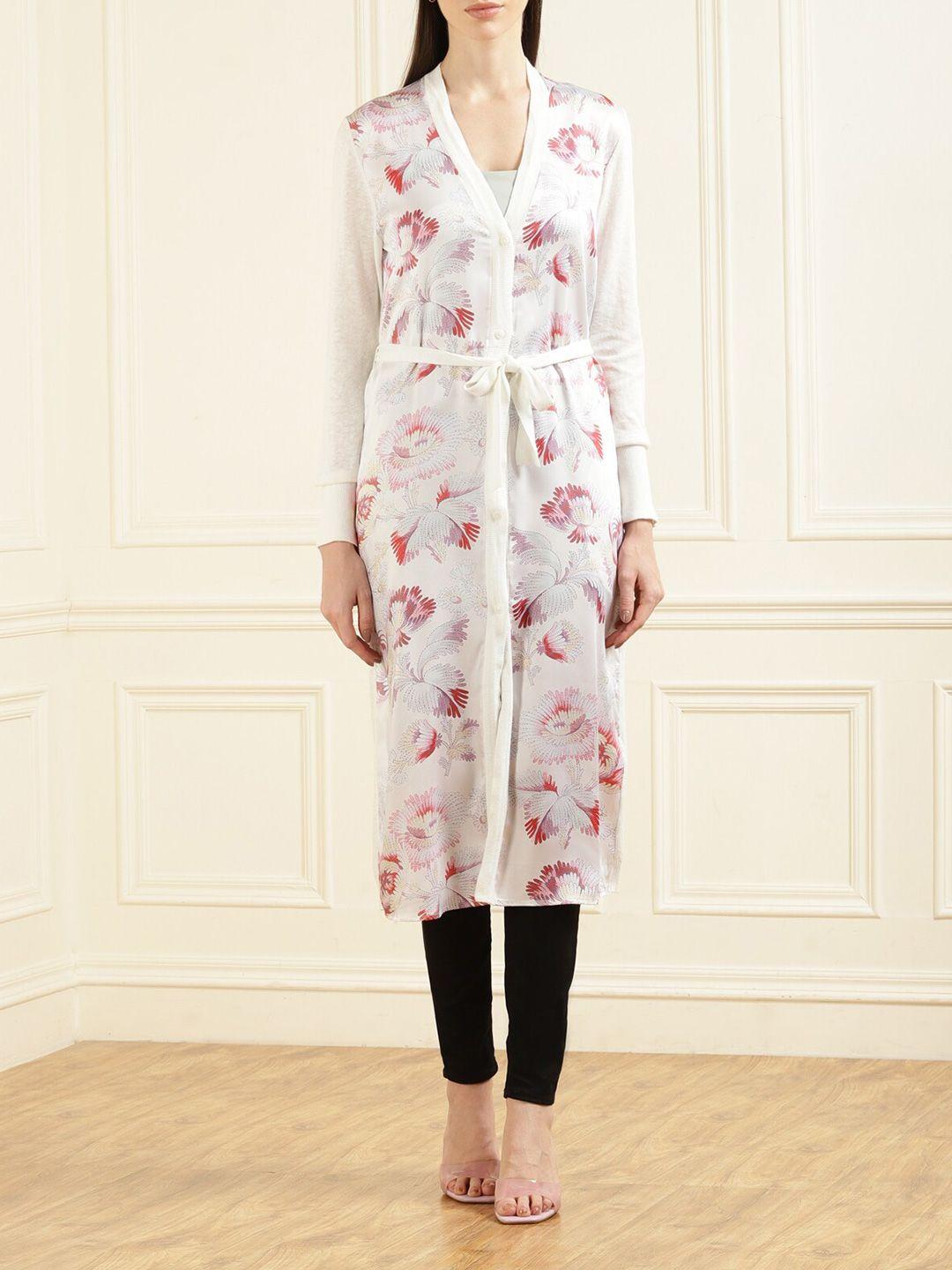 ted baker women off white & pink floral printed longline cardigan with belted detail