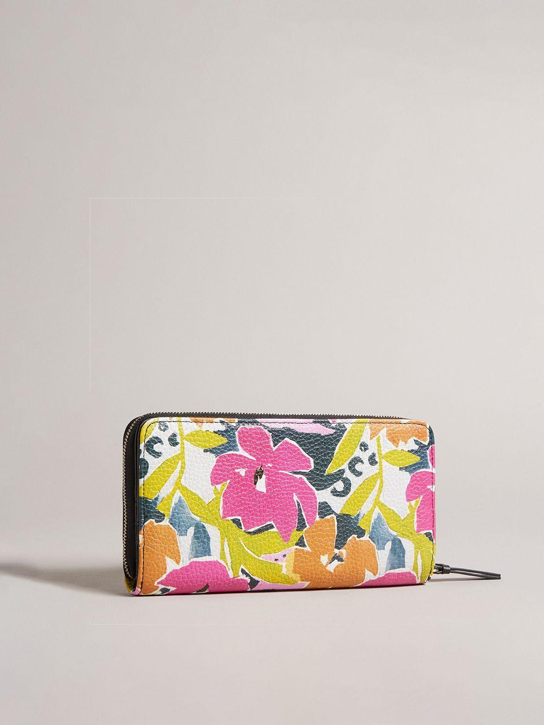 ted baker women pink & white floral printed leather zip around wallet