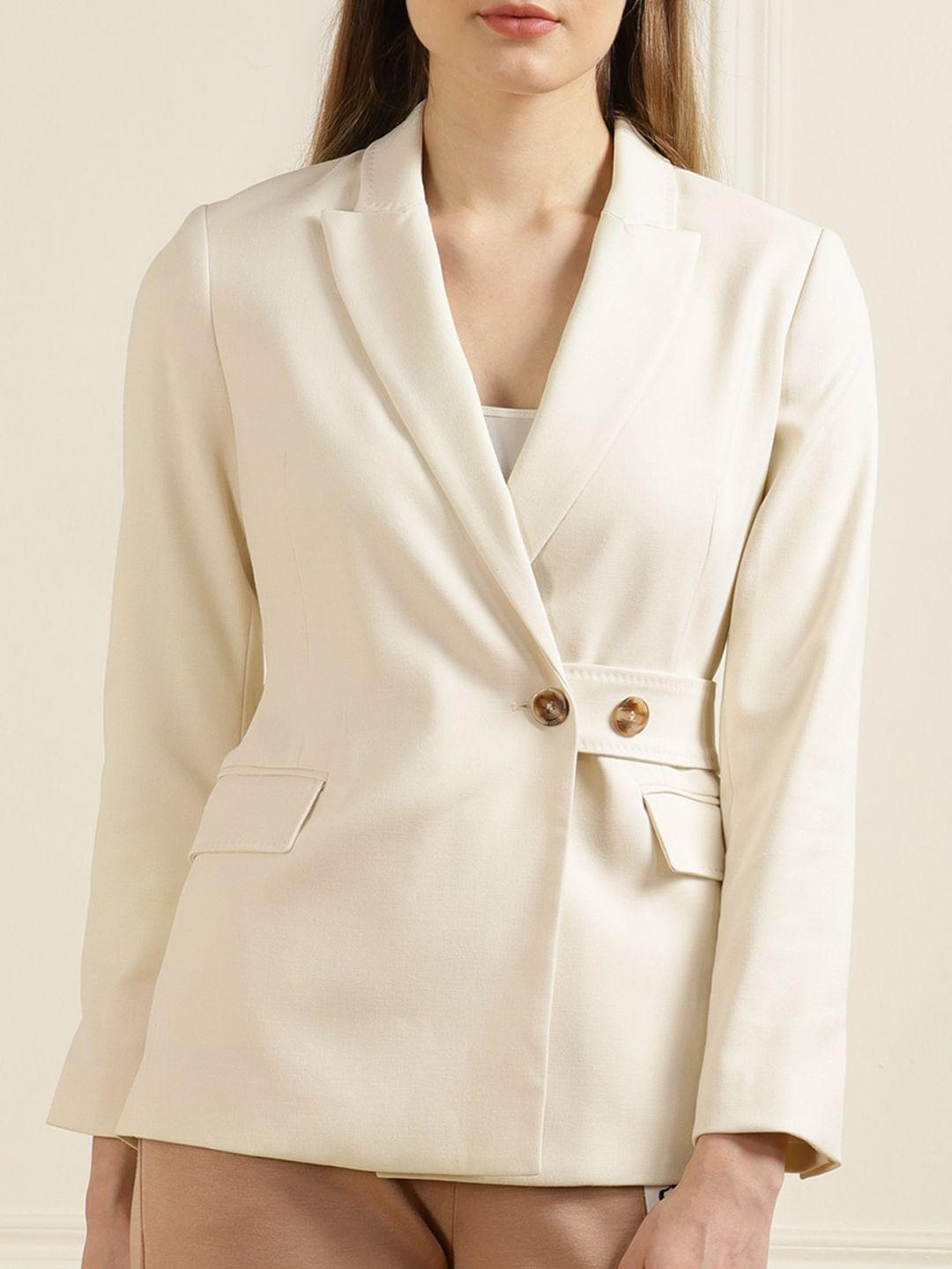 ted baker women plus size cream-coloured solid single breasted cotton slim-fit blazer