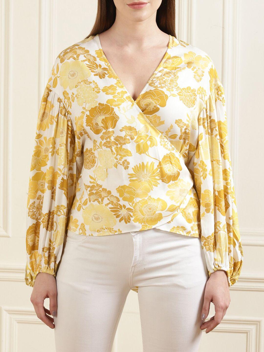 ted baker yellow & white floral print wrap top