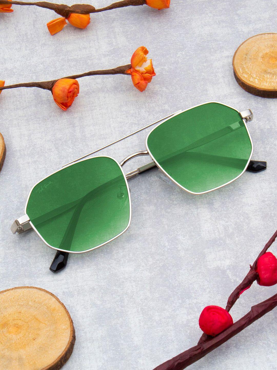ted smith unisex green lens & silver-toned aviator sunglasses with uv protected lens