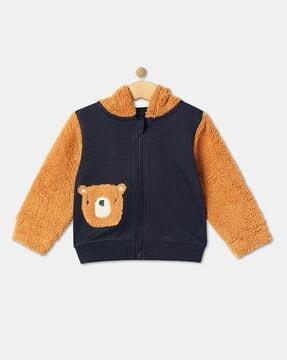 teddy applique hooded jacket with full sleeves