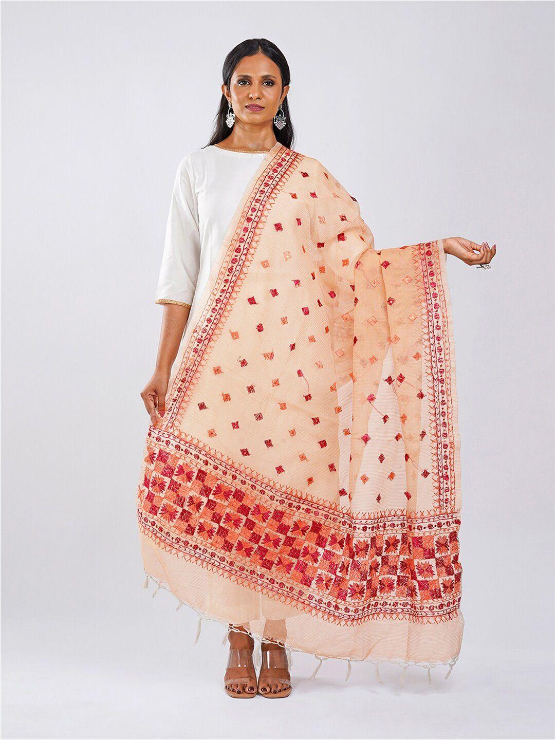 teejh ethnic motifs embroidered cotton silk dupatta with phulkari