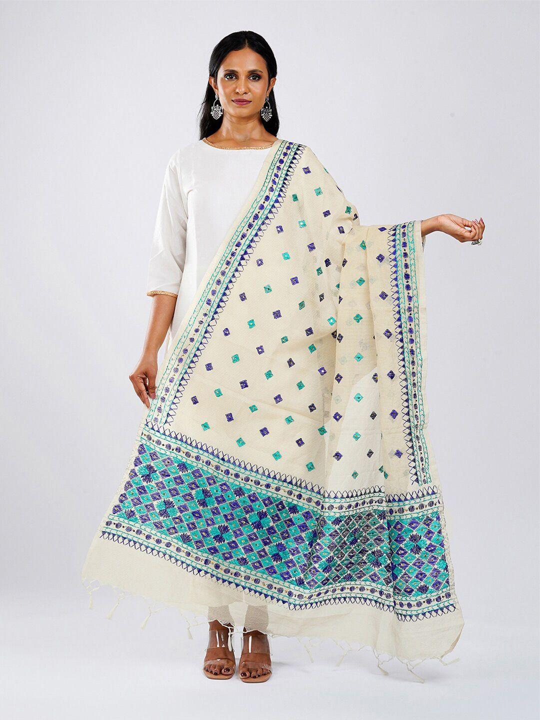 teejh ethnic motifs embroidered cotton silk dupatta with phulkari