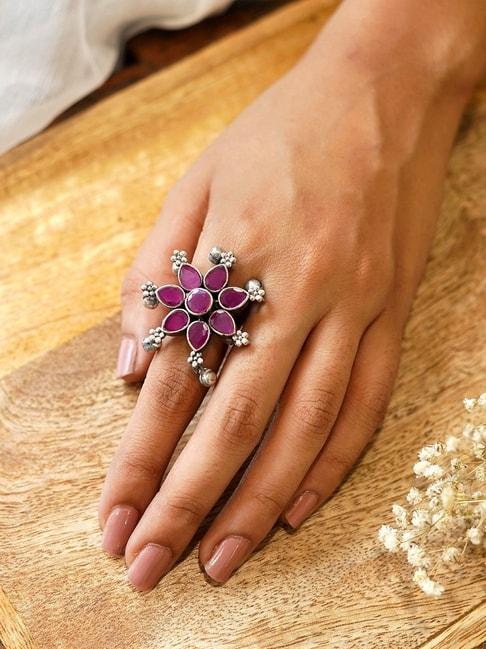 teejh ethnic raishala pink stone silver oxidized rings for women