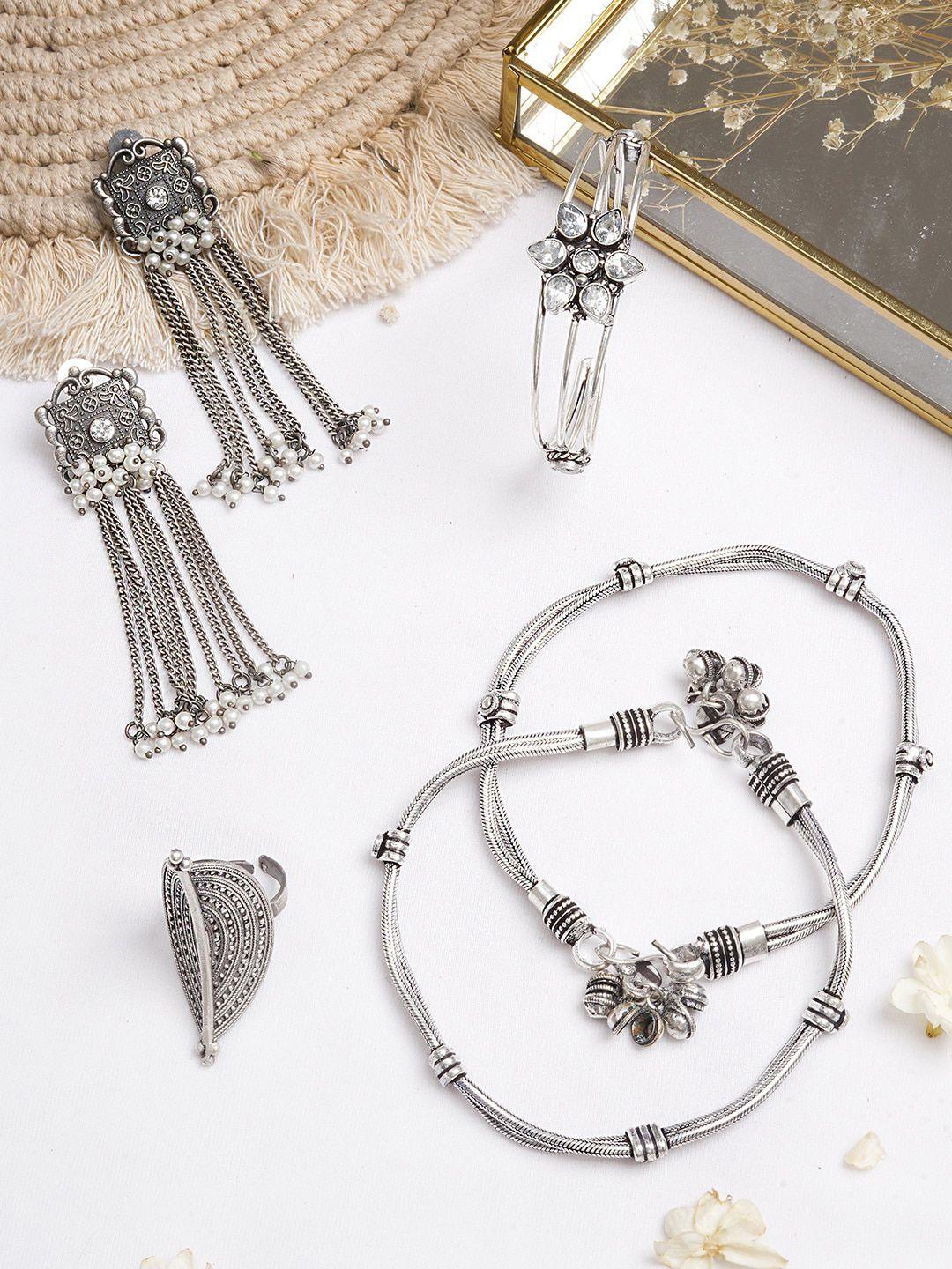 teejh oxidised silver-toned white stone-studded jewellery gift set