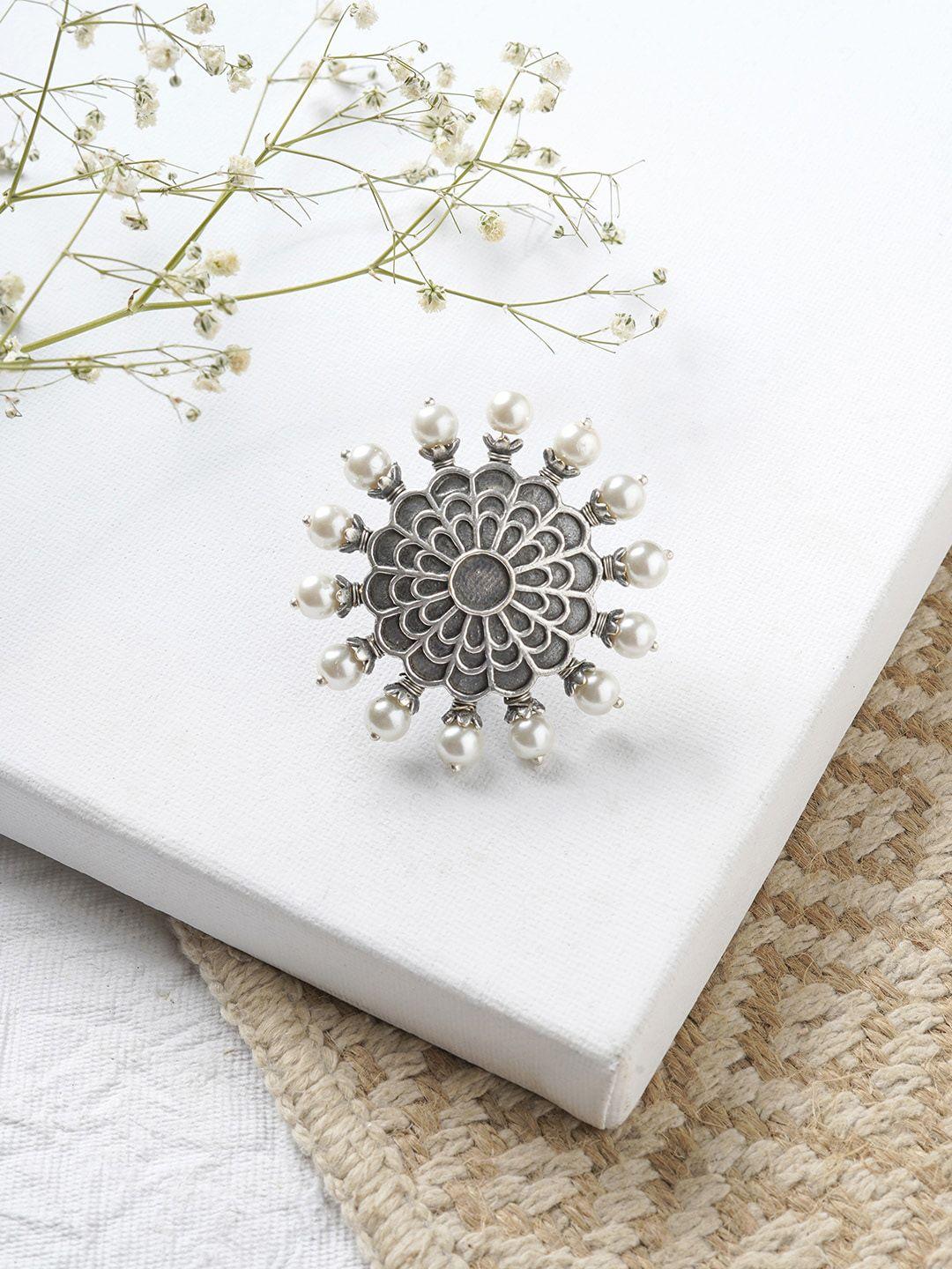 teejh oxidized silver-plated & white pearl-beaded finger ring