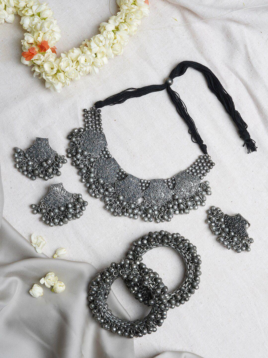 teejh silver plated oxidized jewellery set with ghungroos