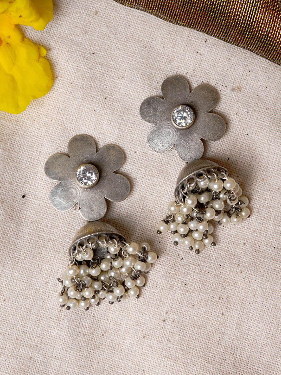 teejh silver-toned & off white floral jhumkas earrings