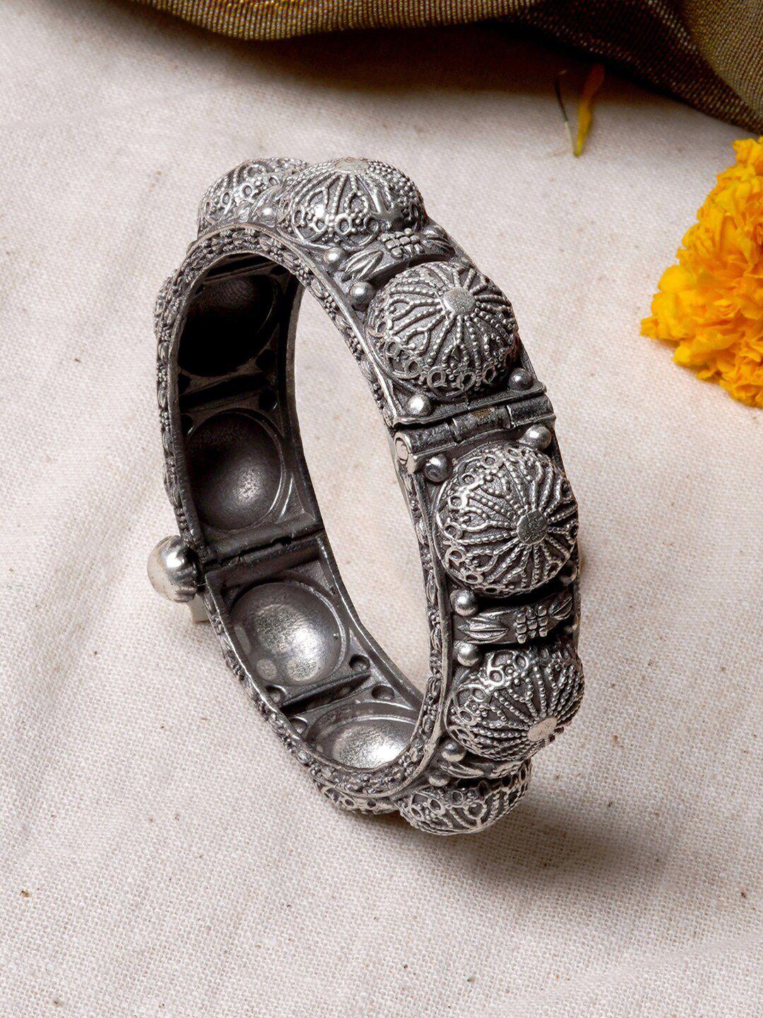 teejh woman silver-plated oxidised floral textured bangle