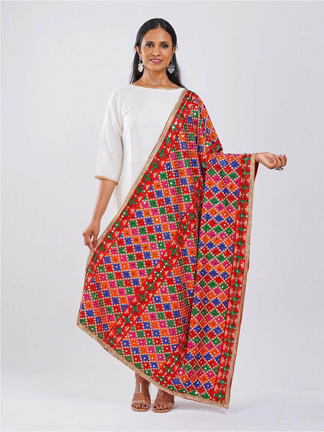 teejh ethnic motifs embroidered dupatta with phulkari