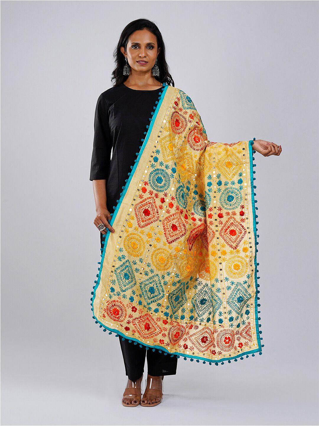 teejh ethnic motifs embroidered sequinned cotton silk dupatta with phulkari