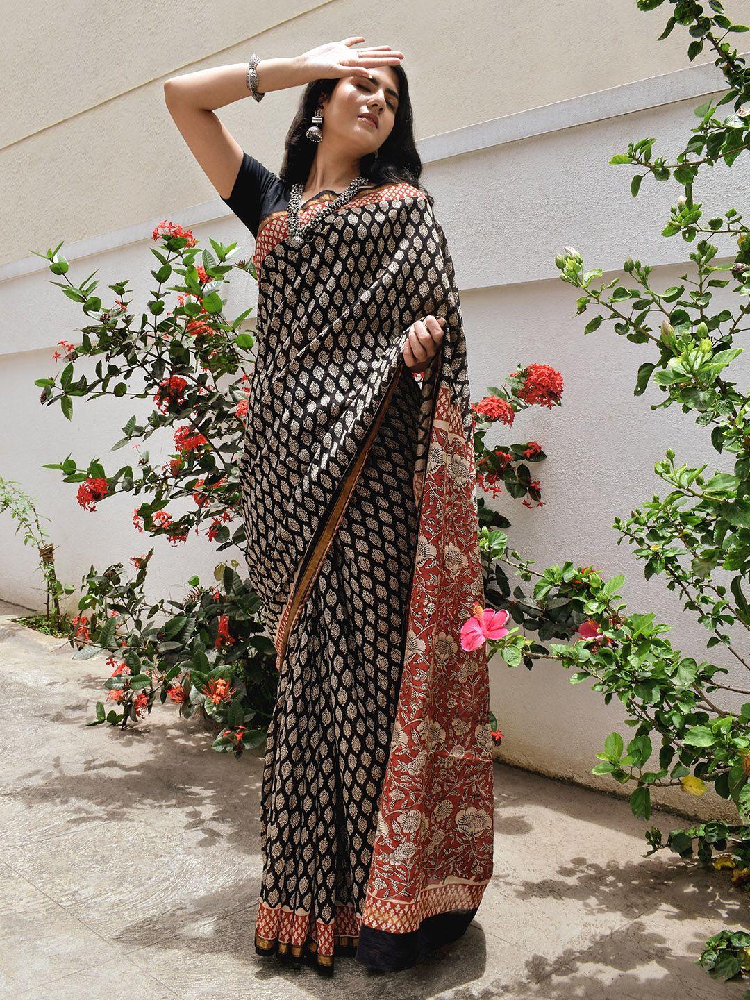 teejh ethnic motifs printed silk cotton chanderi saree