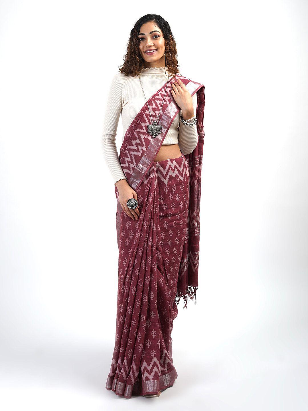 teejh ethnic motifs printed zari linen blend saree