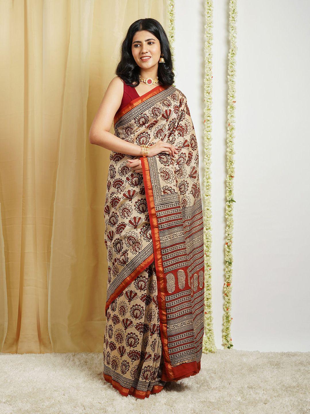 teejh ethnic motifs printed zari silk cotton chanderi saree