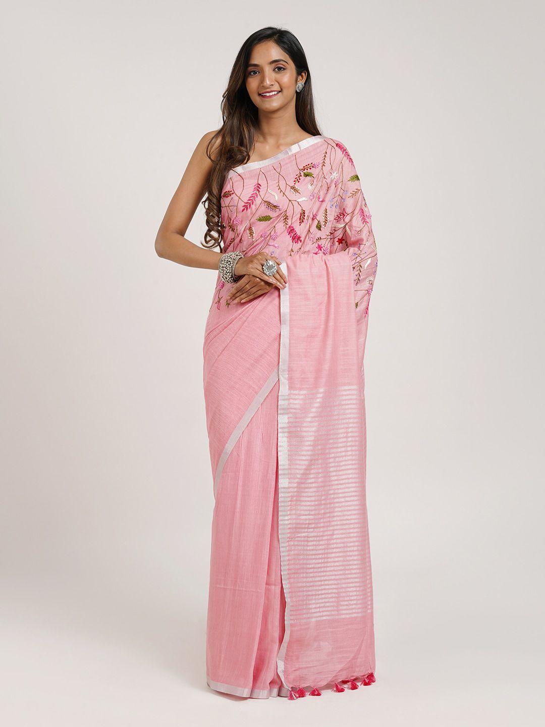 teejh floral embroidered linen blend saree