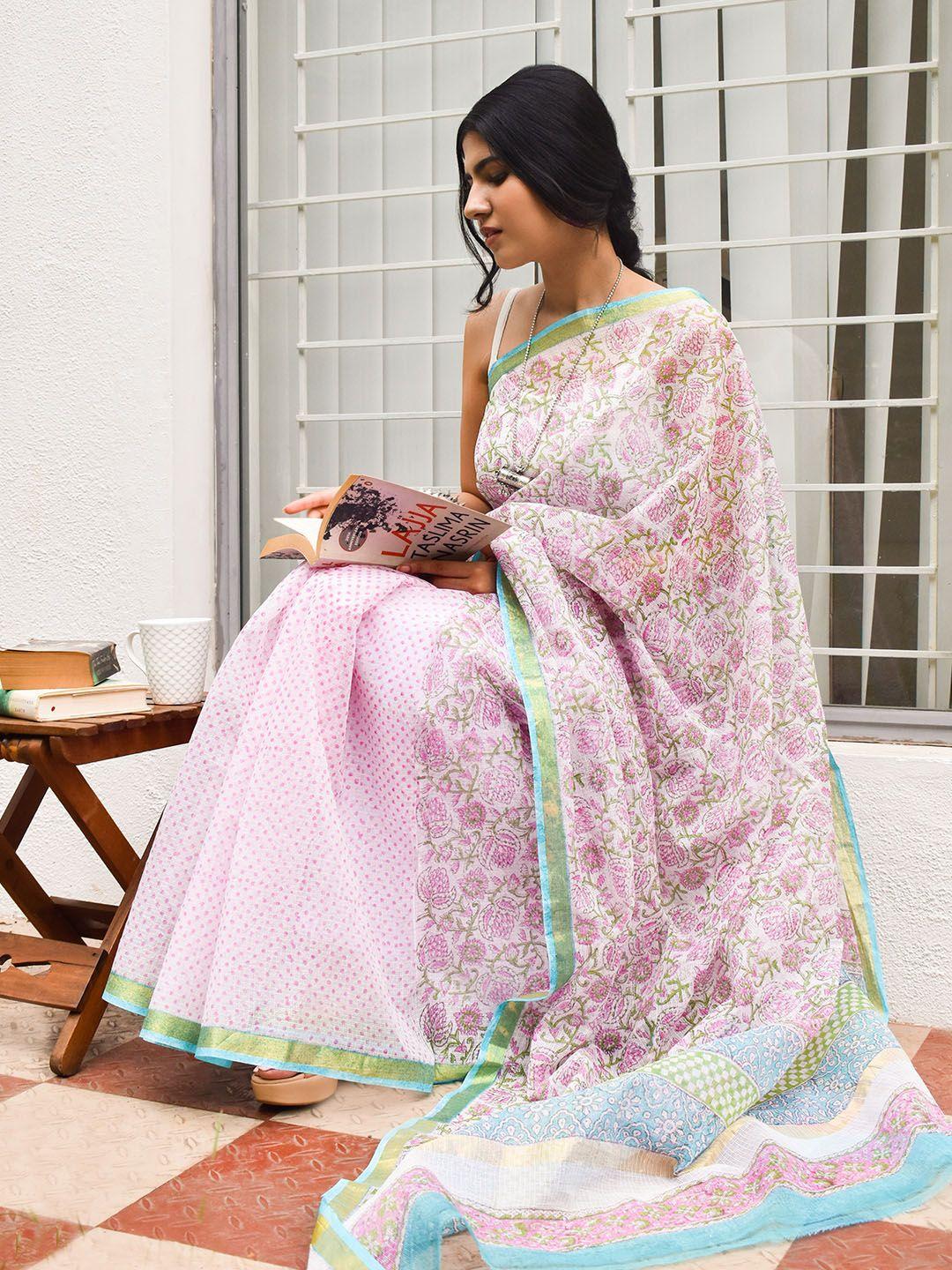 teejh floral printed zari kota saree