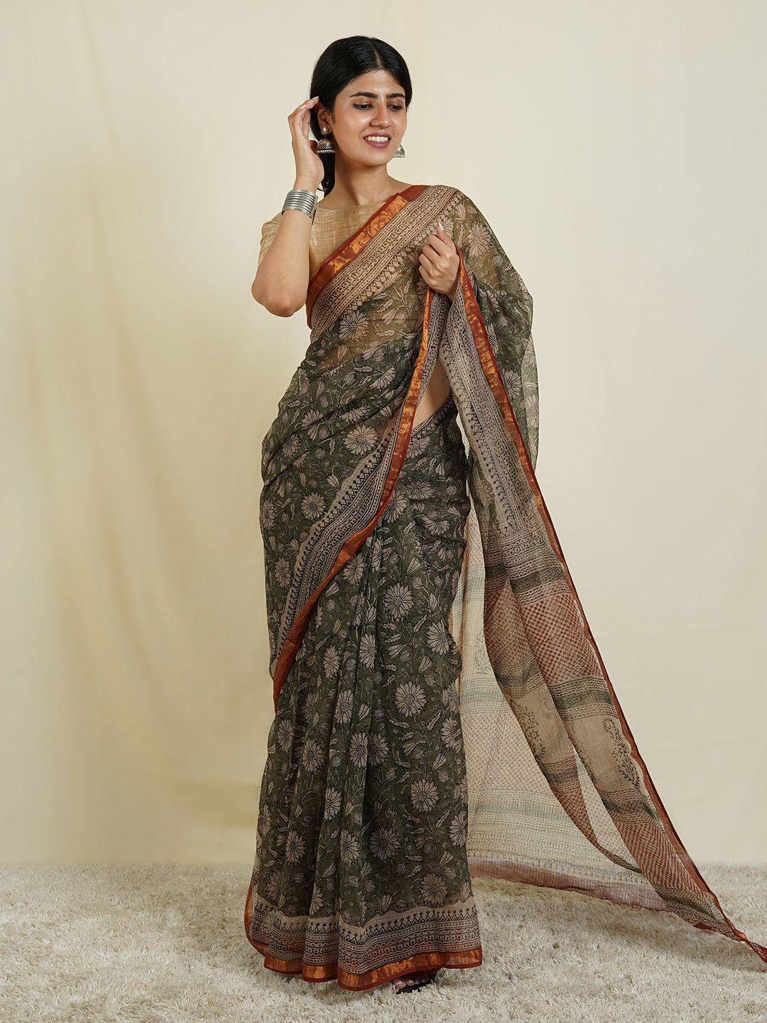 teejh floral printed zari kota saree