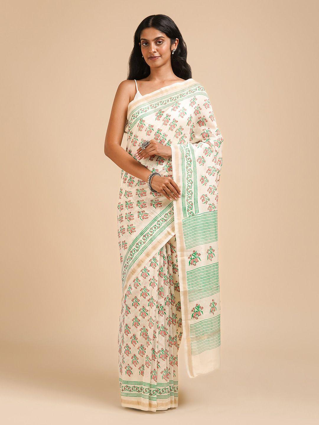 teejh floral zari silk block print cotton chanderi saree