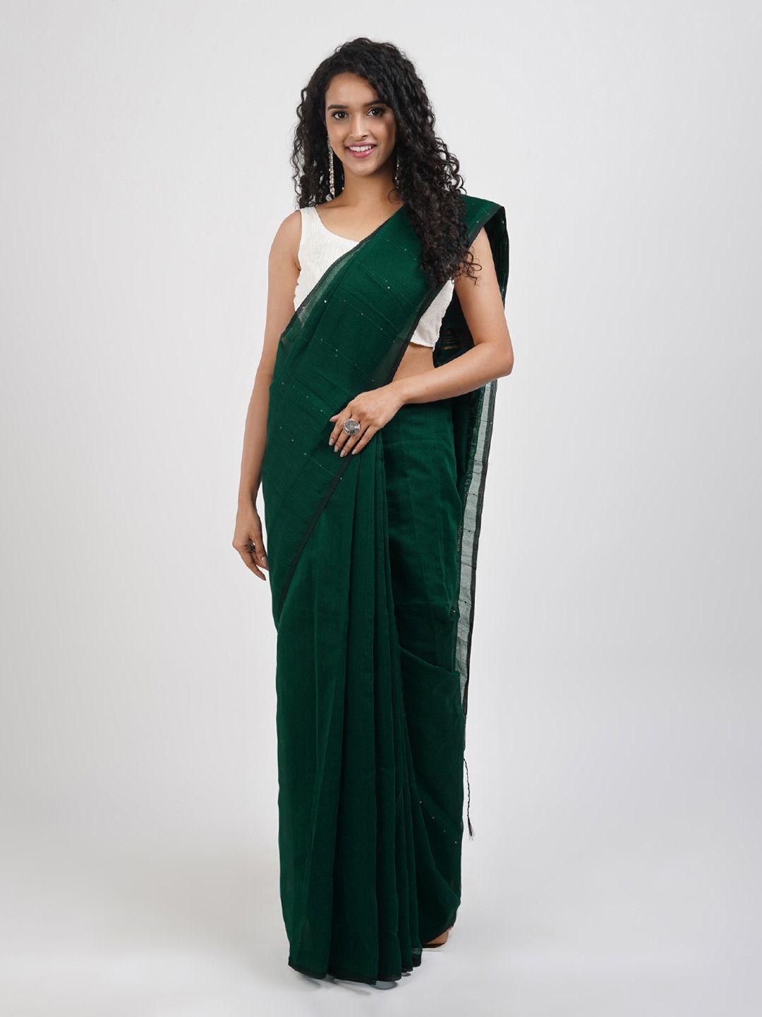 teejh green embellished silk cotton saree