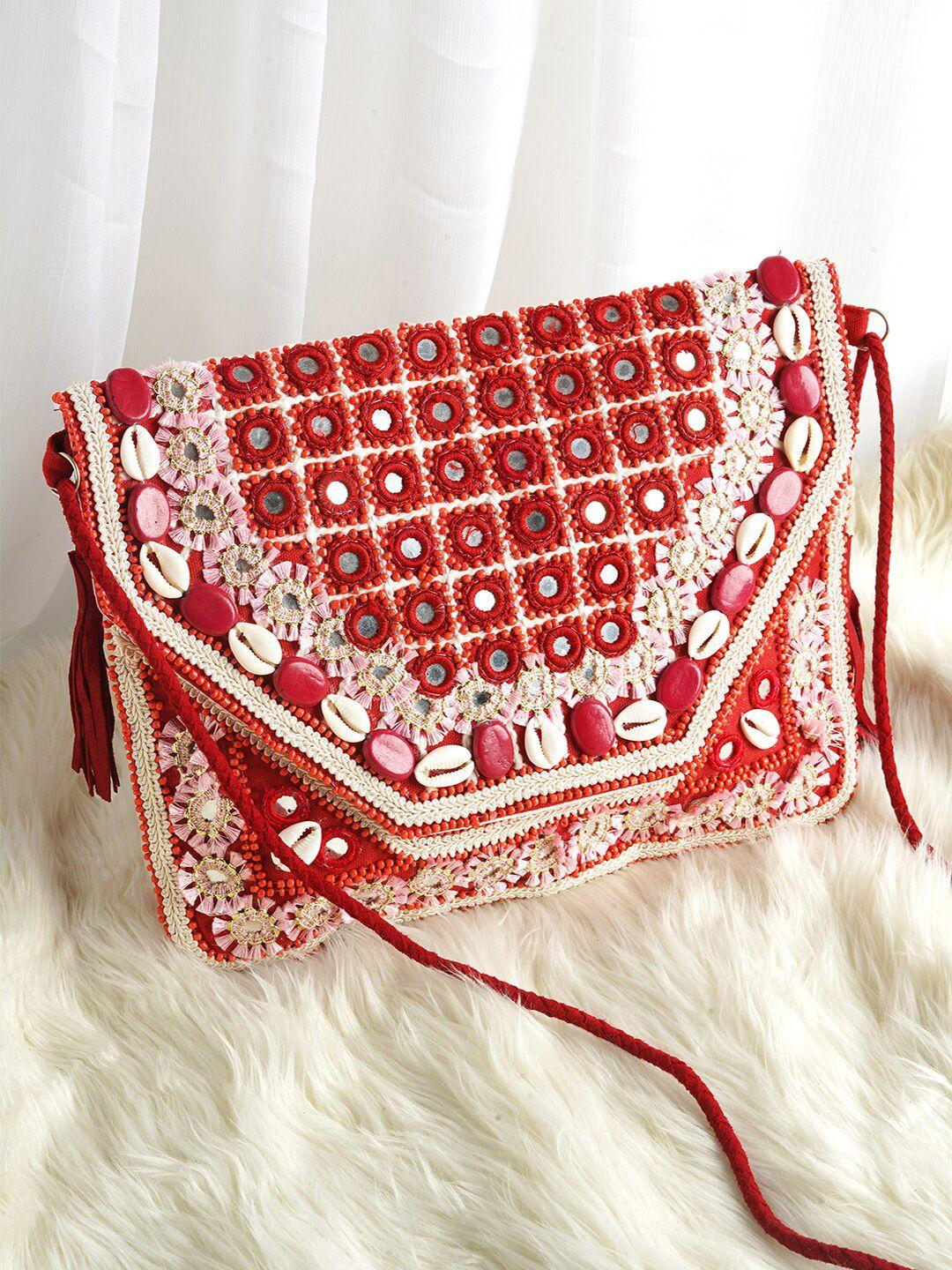 teejh maroon & white embroidered purse clutch